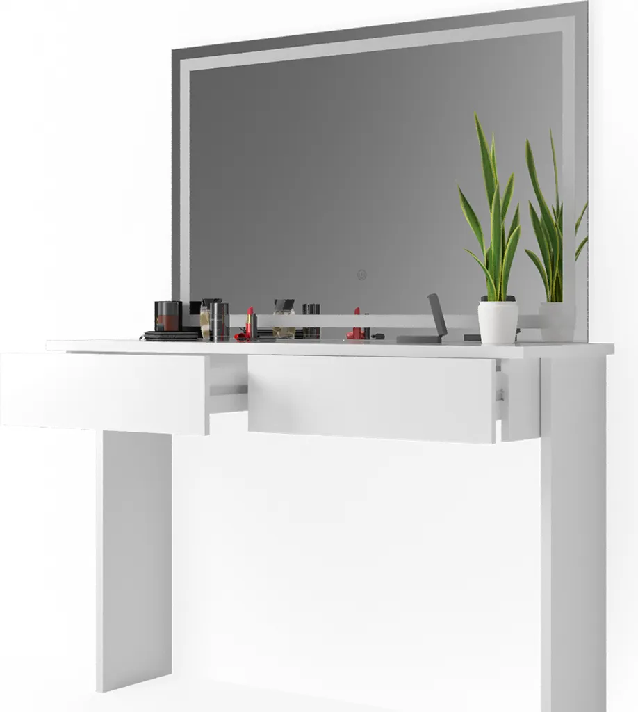 Coiffeuse blanche miroir LED intégrée, fini le manque de lumière