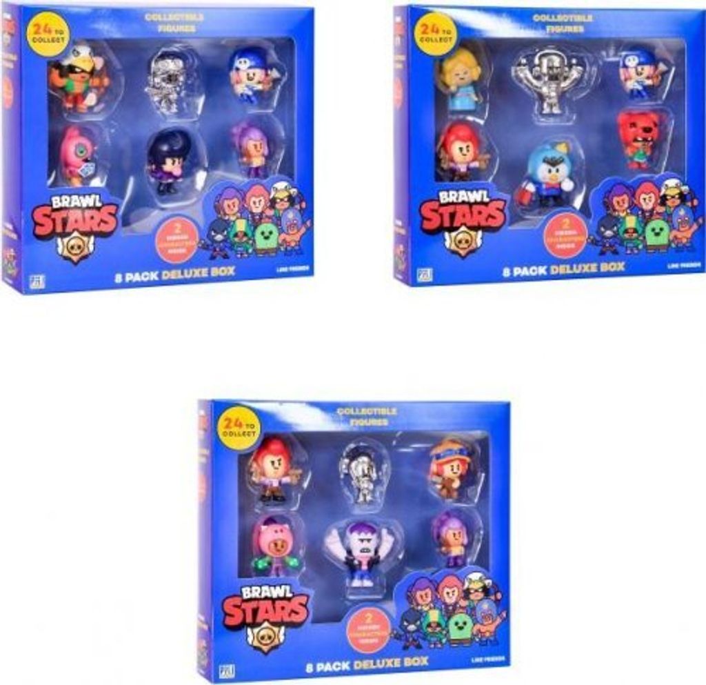 Three boxes of Brawl Stars collectible figures are shown.