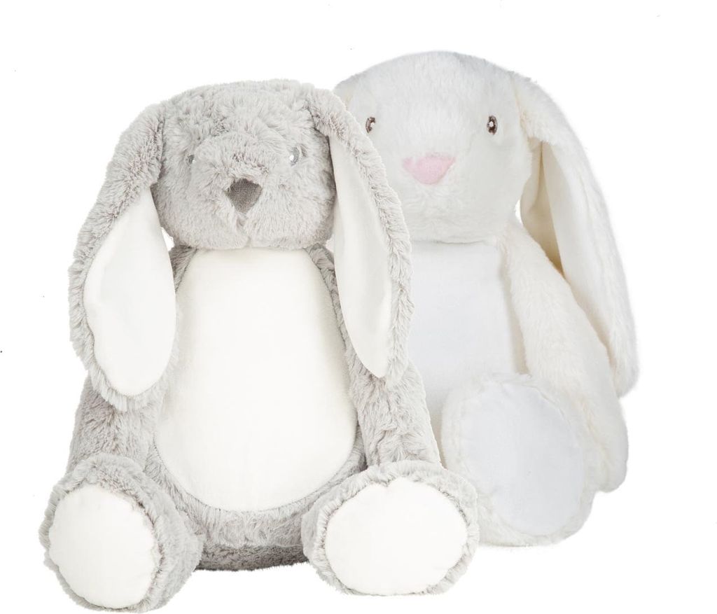 Two plush bunny toys are shown against a white background. One is gray and the other is cream-colored.
