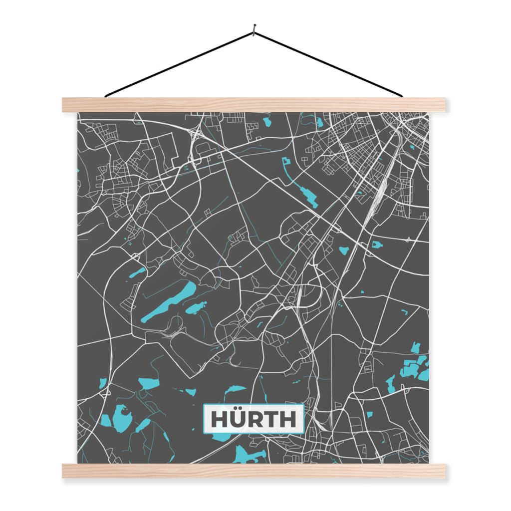 MuchoWow Textilposter Karte - Stadtplan - Hürth - Deutschland - Blau 40x40 cm mit holzfarbenen Rahmen - Posterleiste