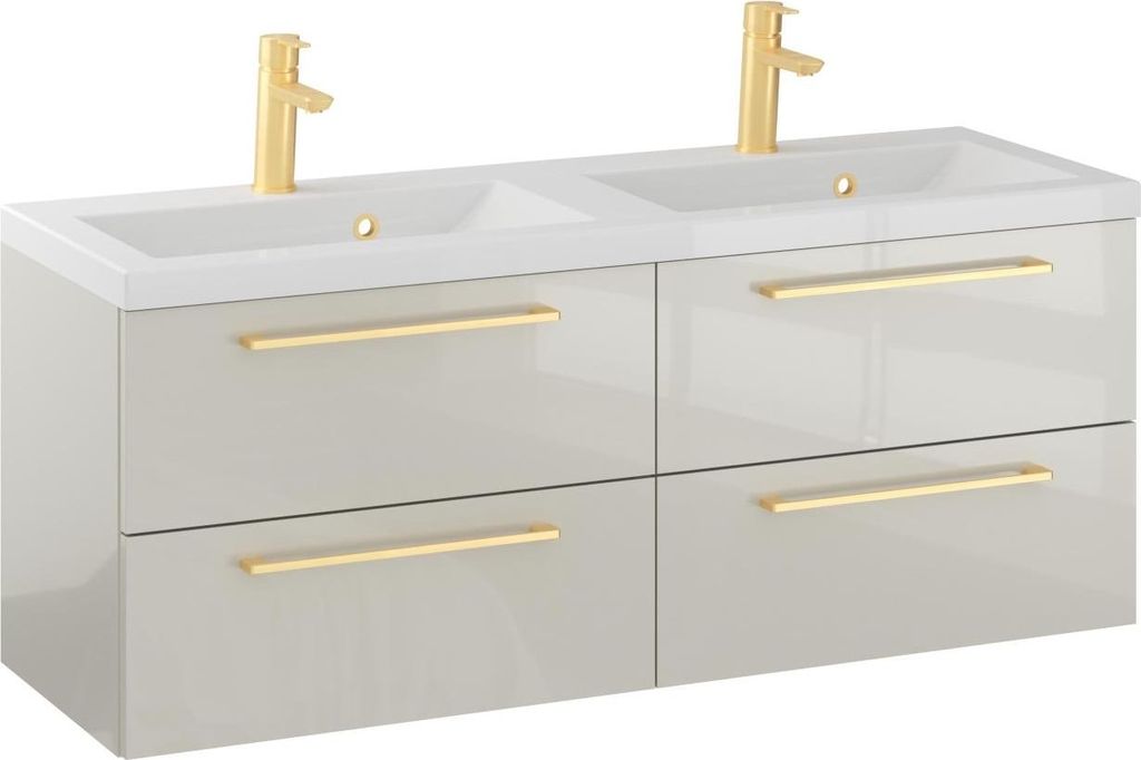 FURNI Waschtischunterschrank RON 120 DUO cm - Kaschmir - Hängender Badschrank mit Mineralguss - Waschbecken - Griffe Gold gebürstet - Vormontiert