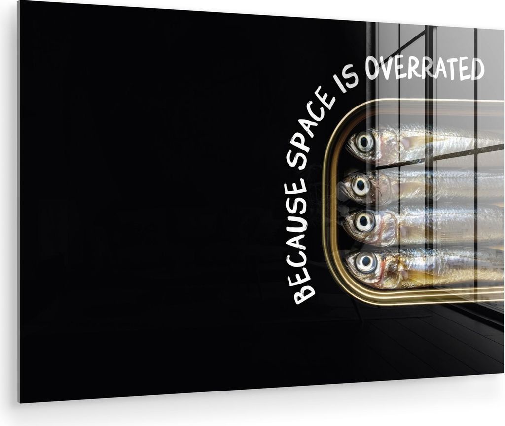 MuchoWow Glasbilder - Bilder auf Wandbild - Foto auf Glas Sardinen - Text - Fisch - Konserven 30x20 cm Wanddekoration aus Glas - Acrylglasbild - Ac...