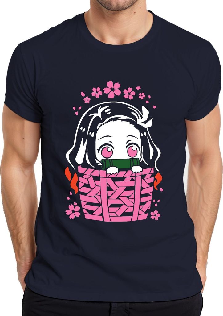 Nezuko Kimetsu No Yaiba Anime Kawaii Bambus Korb Sakura Geschenk Herren T-Shirt, Navy, S