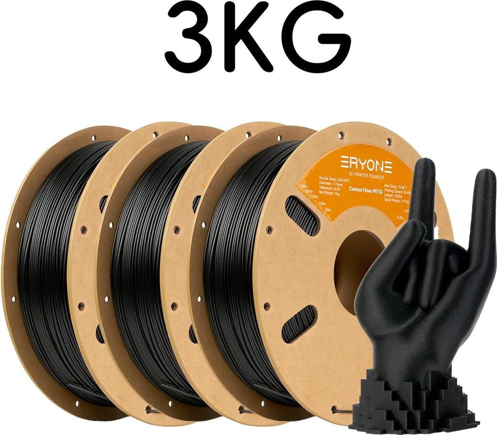 PETG Carbonfaser Filament - 3D Drucker Filament 1,75 mm - 15 % Carbon - Hohe Festigkeit und Zähigkeit - 3 kg Spule - Schwarz