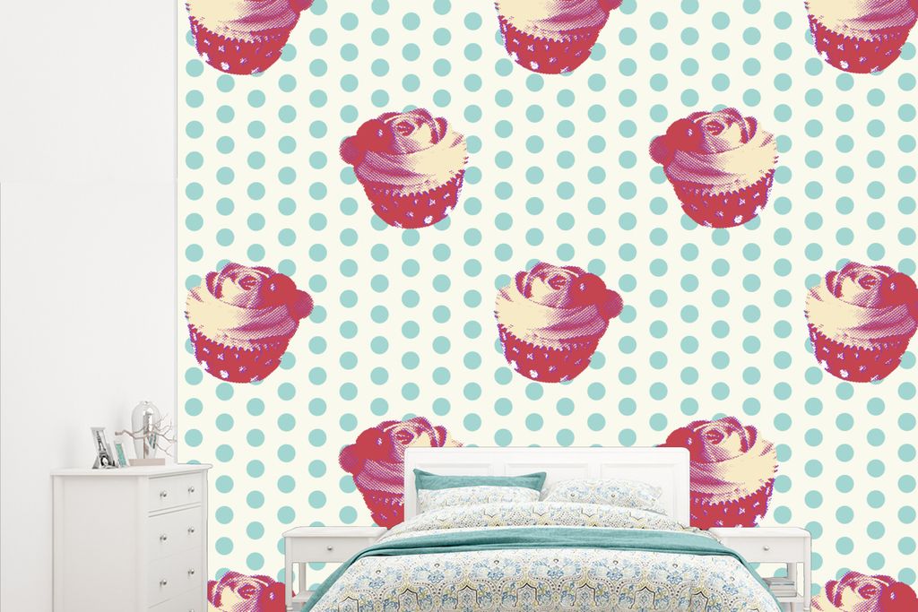 MuchoWow Fototapete für Wohnzimmer oder Schlafzimmer Wandtapete Vinyl Motivtapete Muster - Cupcake - Lebensmittel - 315x260 cm - Gemustert