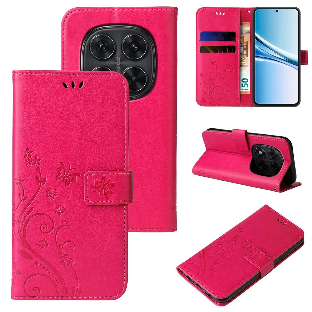 Handyhülle für Xiaomi Redmi Note 15 Pro 5G Floral Blumen Schmetterling Flip Cover Hülle Case Klapphülle Handytasche Farbe: Pink