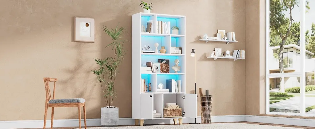Bibliothèque LED avec Télécommande et Compartiments, Style Blanc Épuré - 19