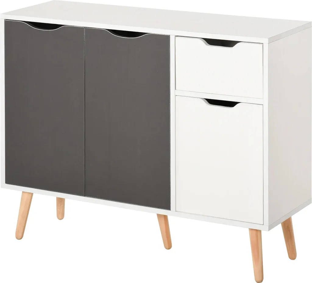 Petit bahut de rangement design blanc et gris avec 3 portes et tiroir