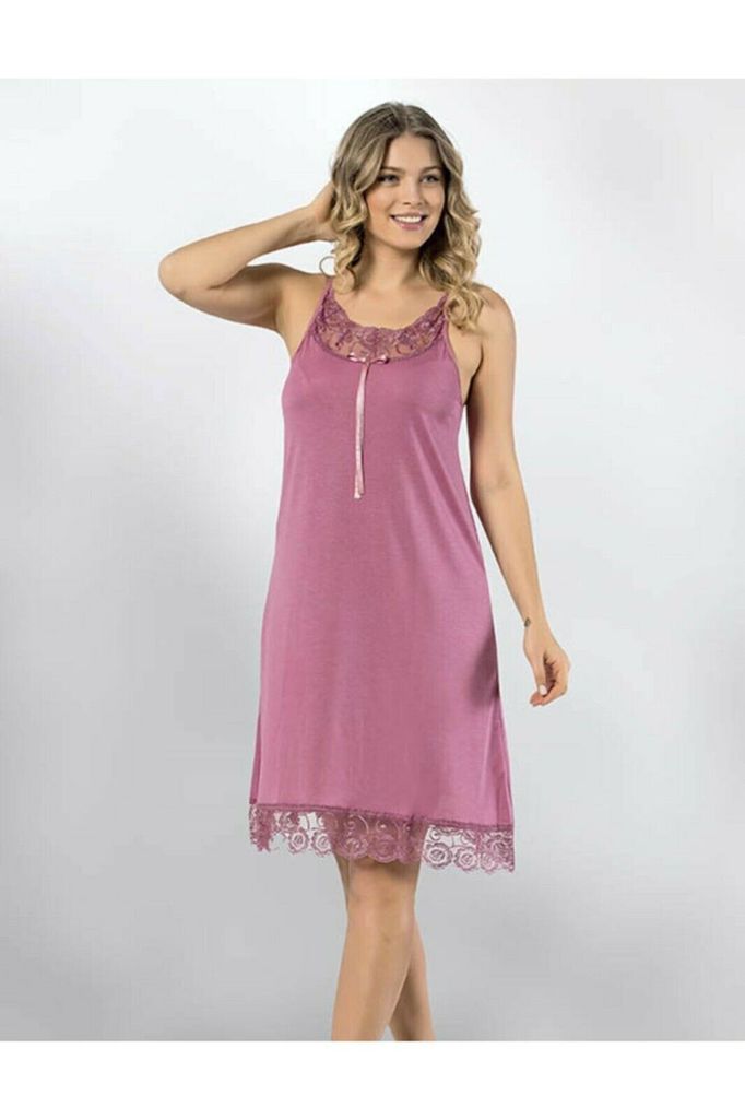 Damen Nachthemd Tunika Pyjama Lila S-M Kurz Schlafanzug Produktbild 