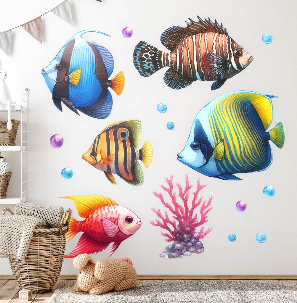 Fische Unterwasserwelt– Wandgestaltung – Wandbilder Kinder – Motivtapeten Set – Wanddekor Kinderzimmer – Selbstklebende Wandsticker – 6...