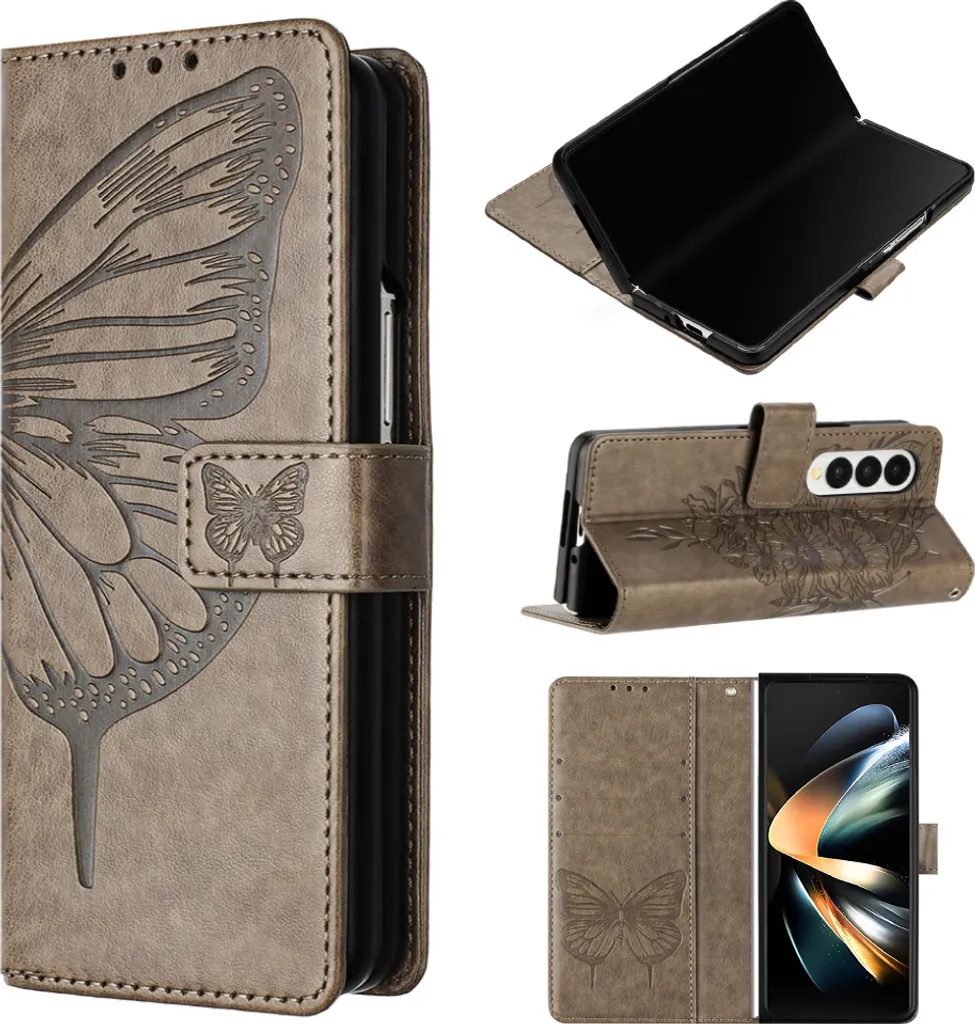 Galaxy Z Fold4 Case, Butterfly Relief Flip Custodia in pelle con slot per schede e stand per Samsung Galaxy Z Fold4 Grigio