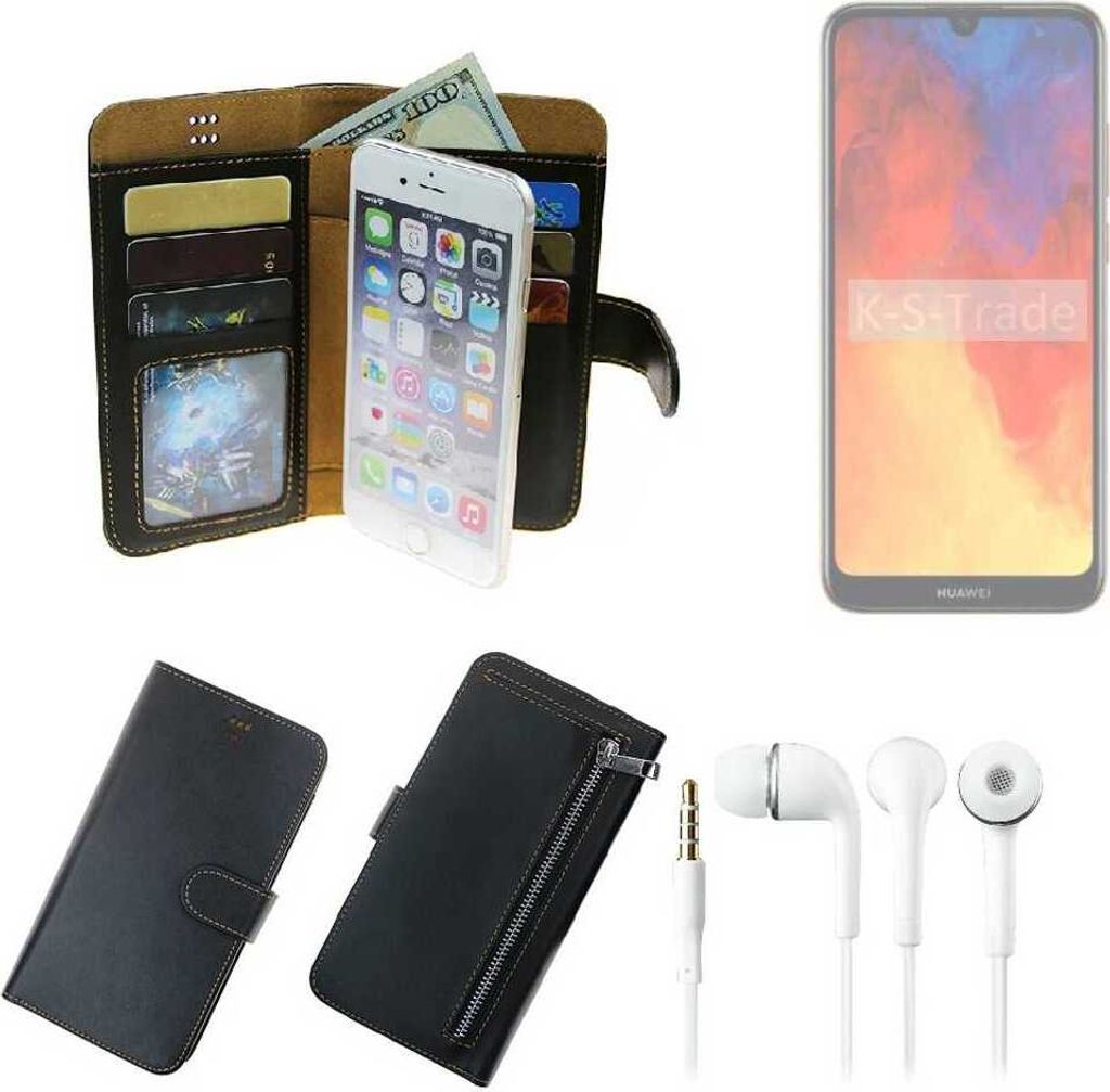 TOP SET Handy Hülle Schutz Hülle kompatibel mit Huawei Y6 (2019) schwarz aus Kunstleder + Kopfhörer Smartphone Tasche vollwertige Geldbörse
