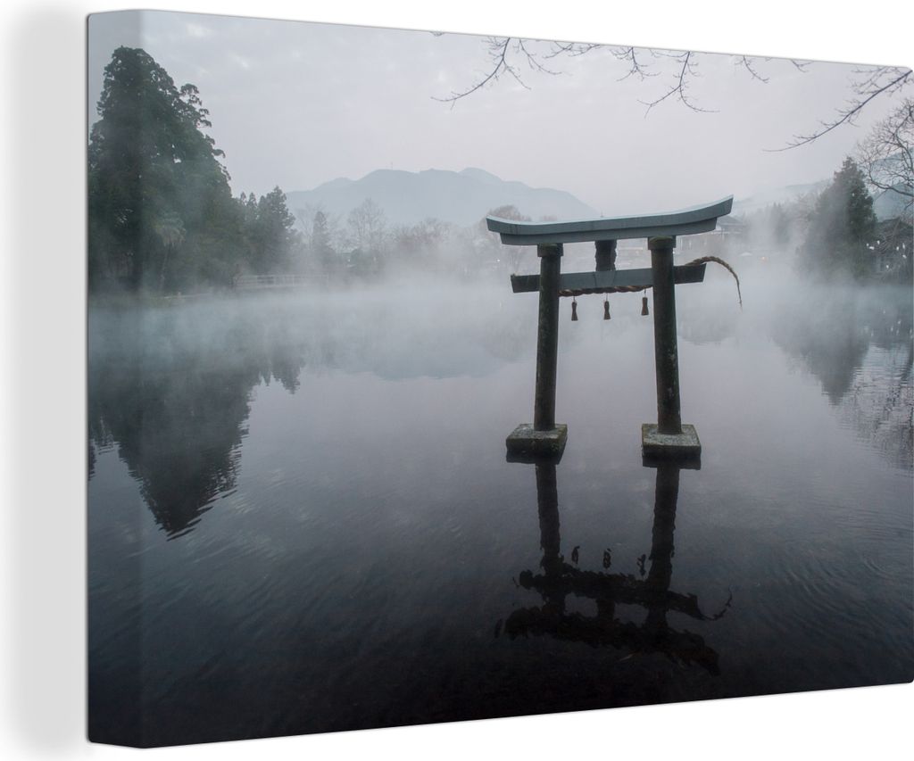 OneMillionCanvasses - Leinwandbilder - 140x90 cm, Schwarz-Weiß-Foto eines japanischen Torii-Tors auf dem Wasser, Wandbilder Kunstdruck Wanddekor...