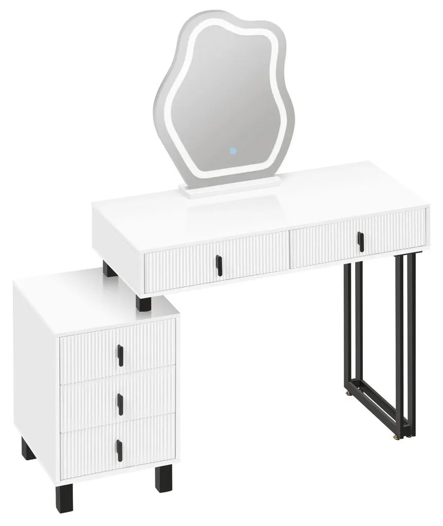 Table de toilette blanche avec miroir asymétrique et 5 tiroirs LED