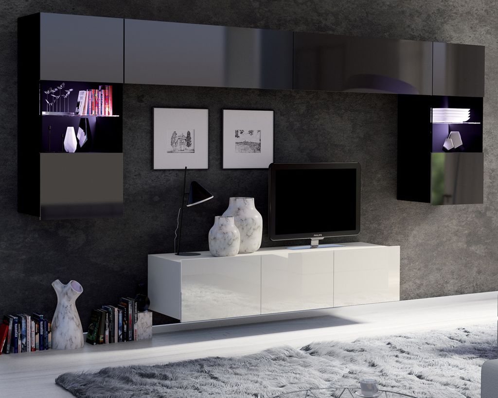 Wohnwand Amanda II Oberschrank Schrankwand mit zwei Vitrinen 150 cm breite TV Schrank Wohnzimmer-Set (Schwarz matt + Schwarz Hochglanz Fronten / We...