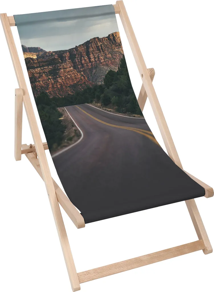 Sdraio Dreamroots pieghevole in legno fino a 130 kg, sdraio pieghevole con regolazione dell'inclinazione dello schienale in 3 fasi, Strada panoramica in montagna