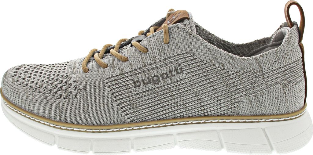 Side view of a single beige Bugatti sneaker.