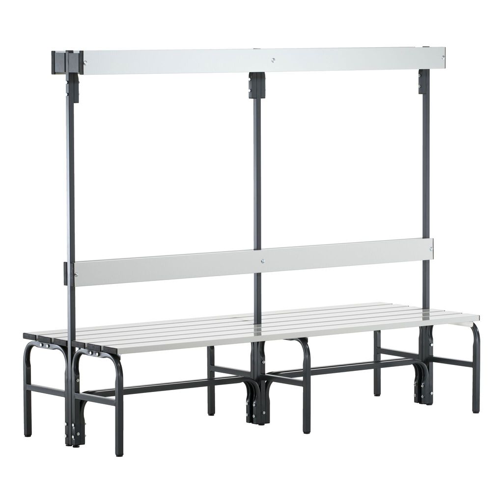 Doppelseitige Garderobenbank, Hakenleiste, ohne Schuhrost, Stahl/Alu, TxH 725x1650 mm, Länge 1500 mm, RAL 7016