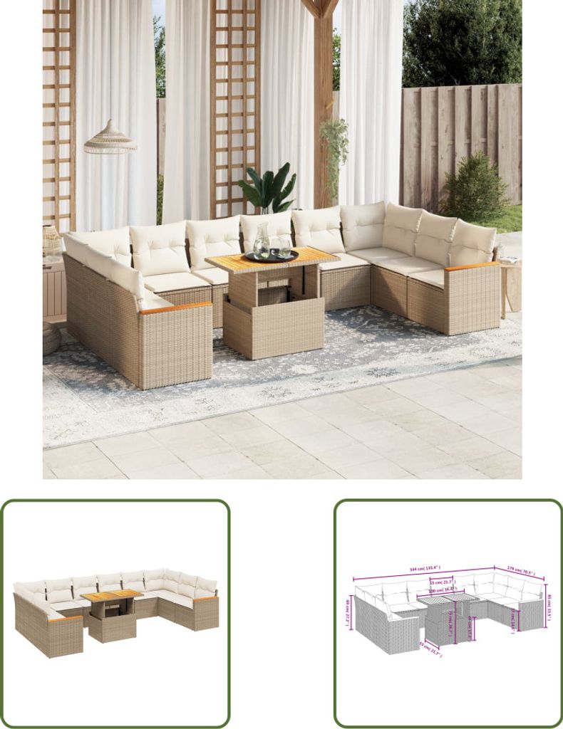 The Living Store 11-tlg. Garten-Sofagarnitur mit Kissen Beige Poly Rattan