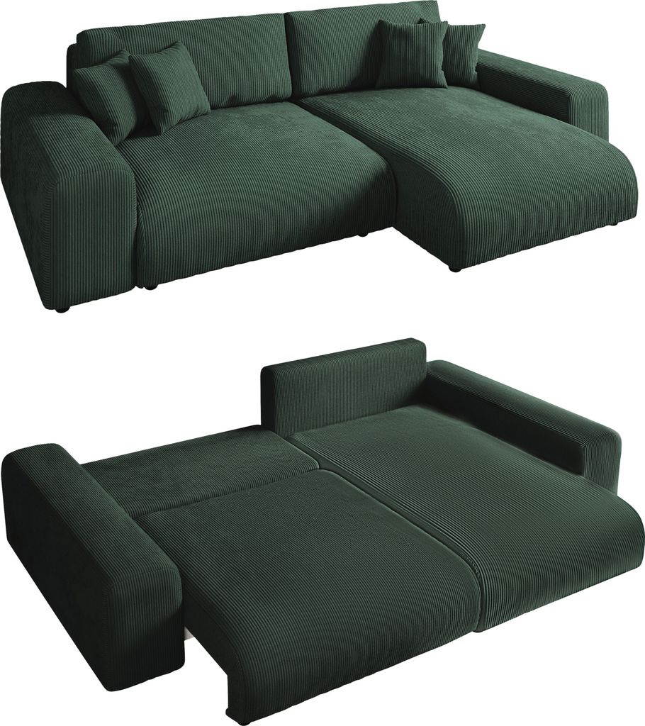 Ecksofa Schlaffunktion ausziehbar Bettkasten Polsterecke L-Couch in Cord Grün / 21005