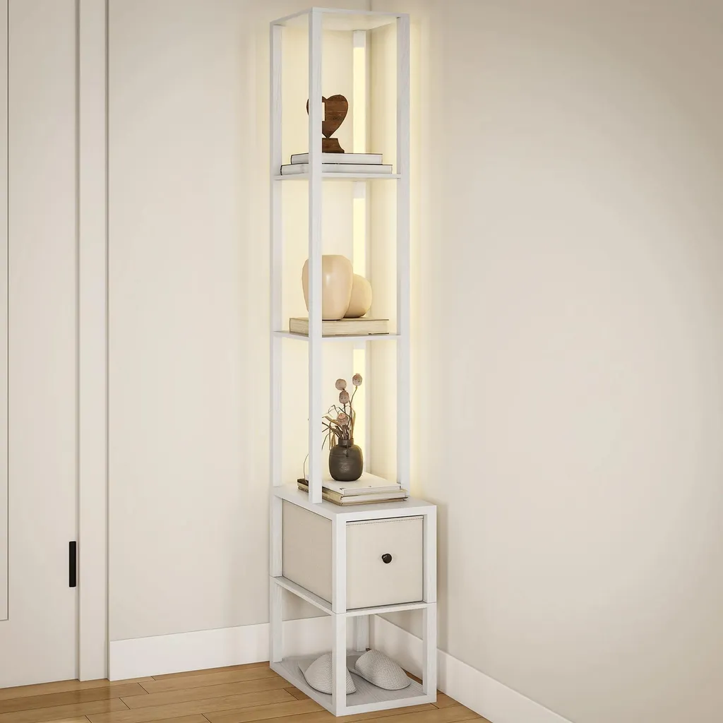 Lampadaire Gain de Place avec Tiroir et Étagère LED Tactile Variable Blanc