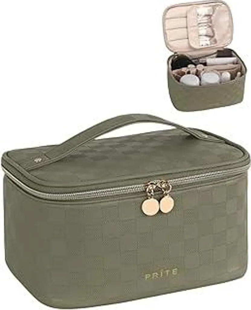 Prite Borsa Trucchi Viaggio - Pelle Verde a Quadri Impermeabile Grande