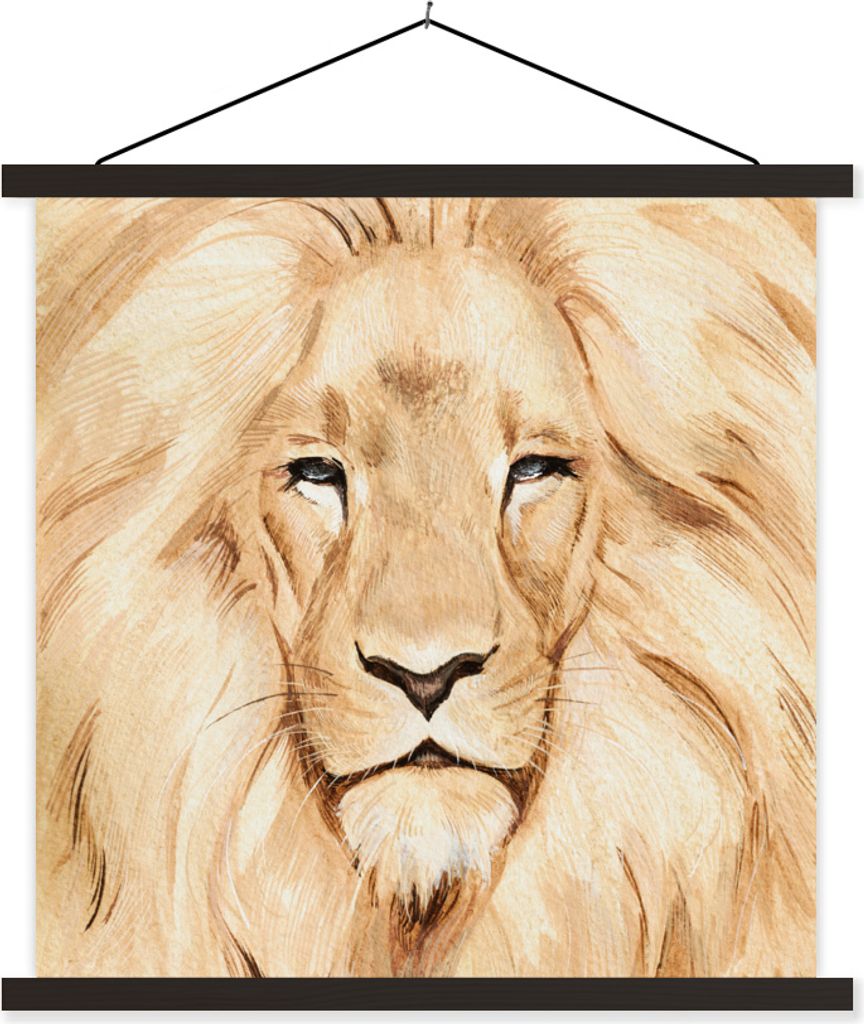 MuchoWow Textilposter Illustration - Farbe - Löwe 120x120 cm mit schwarzem Rahmen - Aufhängungsset