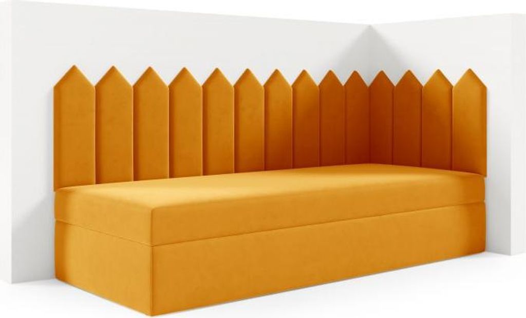 LIKMA Kinderbett 70x200 cm Senf Bett mit Bettkasten Jugendbett Polsterbett Kopfteil Velvet Stoff Trinity