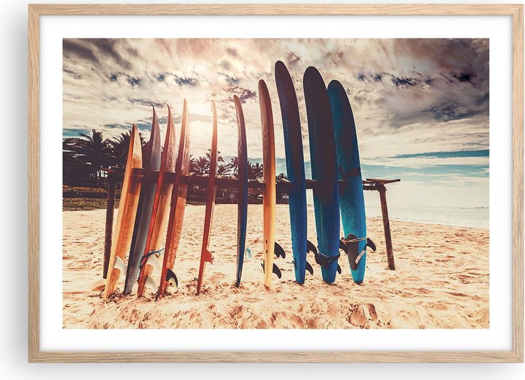 Gerahmtes Poster - Rahmen in heller Eiche - Surfen Strand Produktbild 