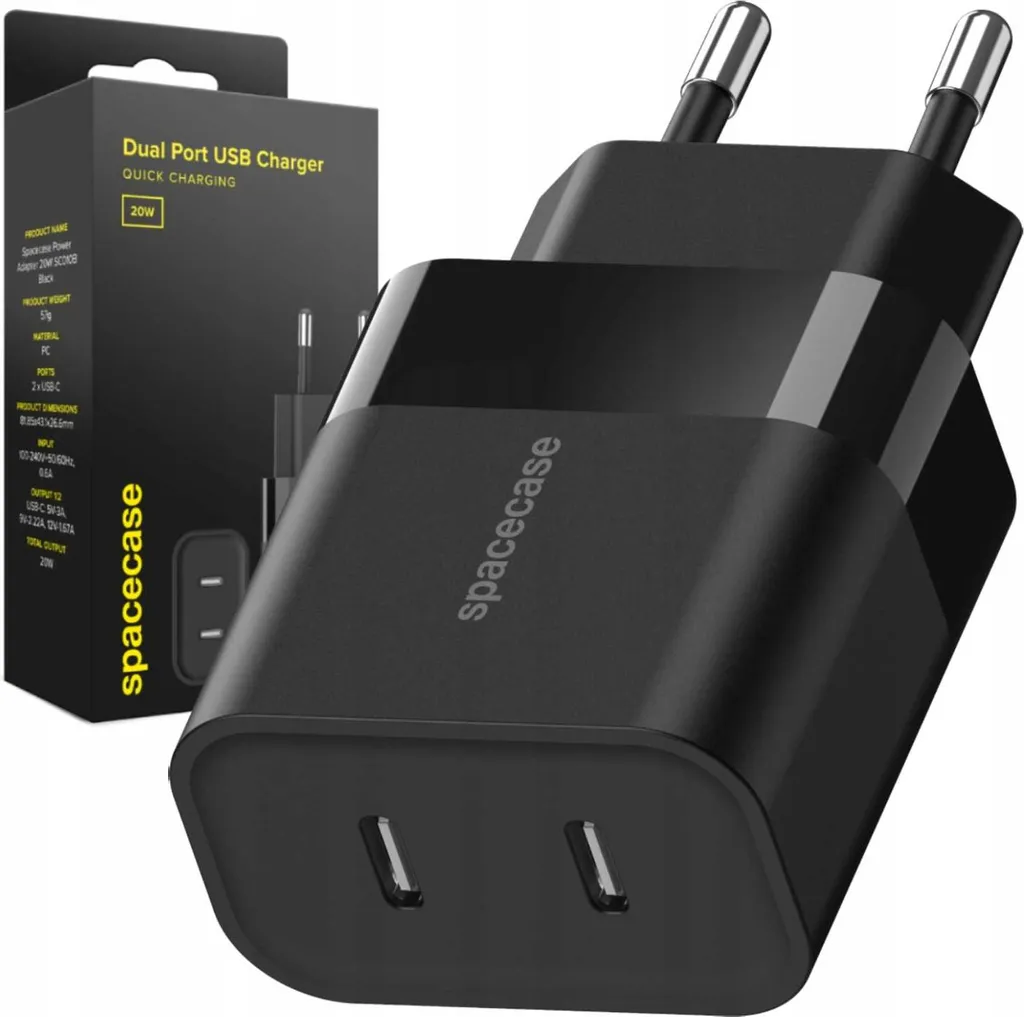 Alimentatore da Viaggio SPACECASE SC010B 20W Dual USB-C - Nero