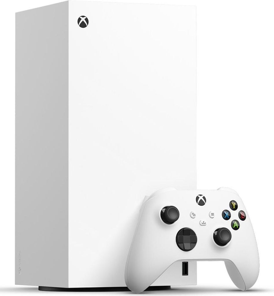A white Xbox Series X console and controller are shown against a white background.