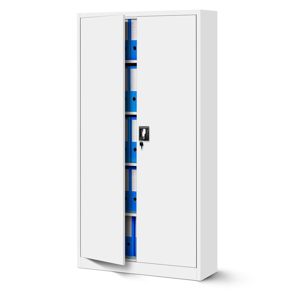 A white metal filing cabinet with its doors open, revealing blue folders inside.
