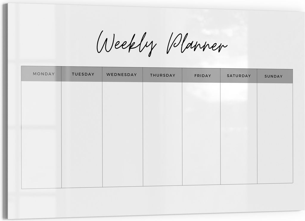 DEQORI Magnettafel Glas 60x40 cm 'Planer V3 Weiß (EN)' beschreibbar Whiteboard Küche
