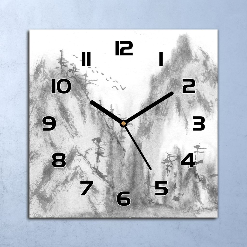Wanduhr Echt-Glas-Küchenuhr Berge im Nebel Landschaft Quarz 30x30 Deko Bilder