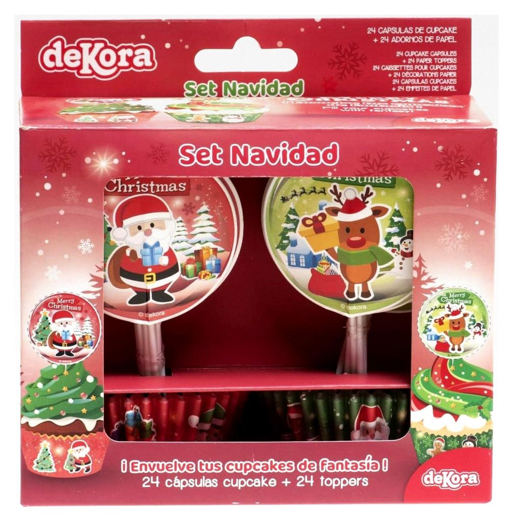 Dekorationsset für Weihnachts-Cupcakes mit 24 Cupcakeförmchen und 24 Papier-Toppers - Weihnachtsdeko für Cupcakes oder Muffins - Rot und Grün