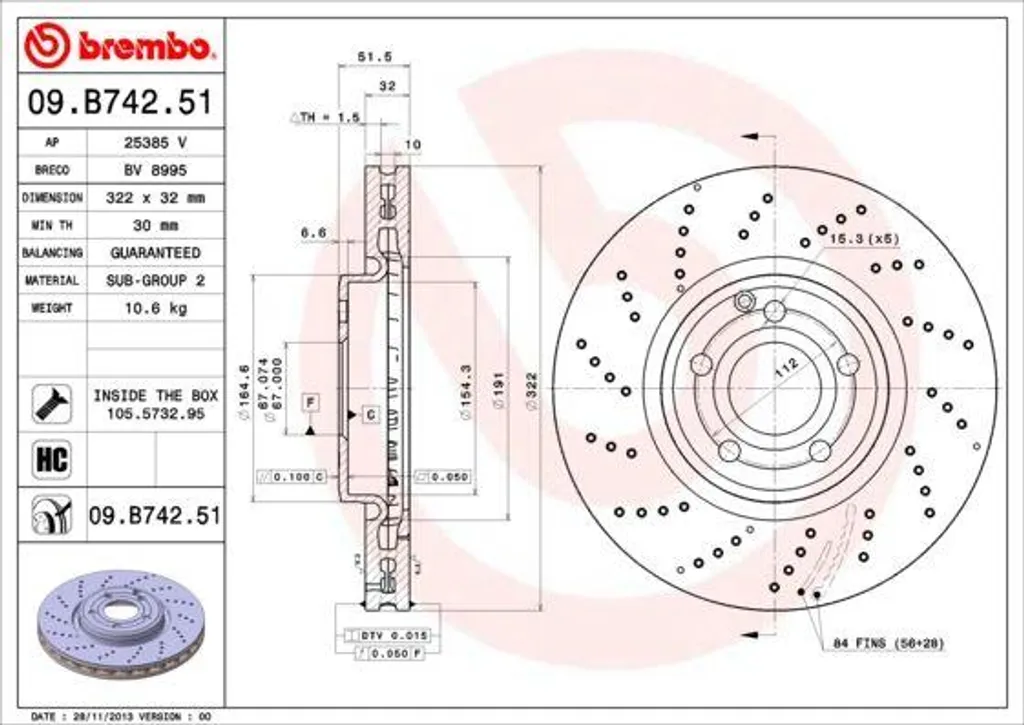 Disque de frein ventilé Brembo 09.B742.51 haute teneur en carbone CLS