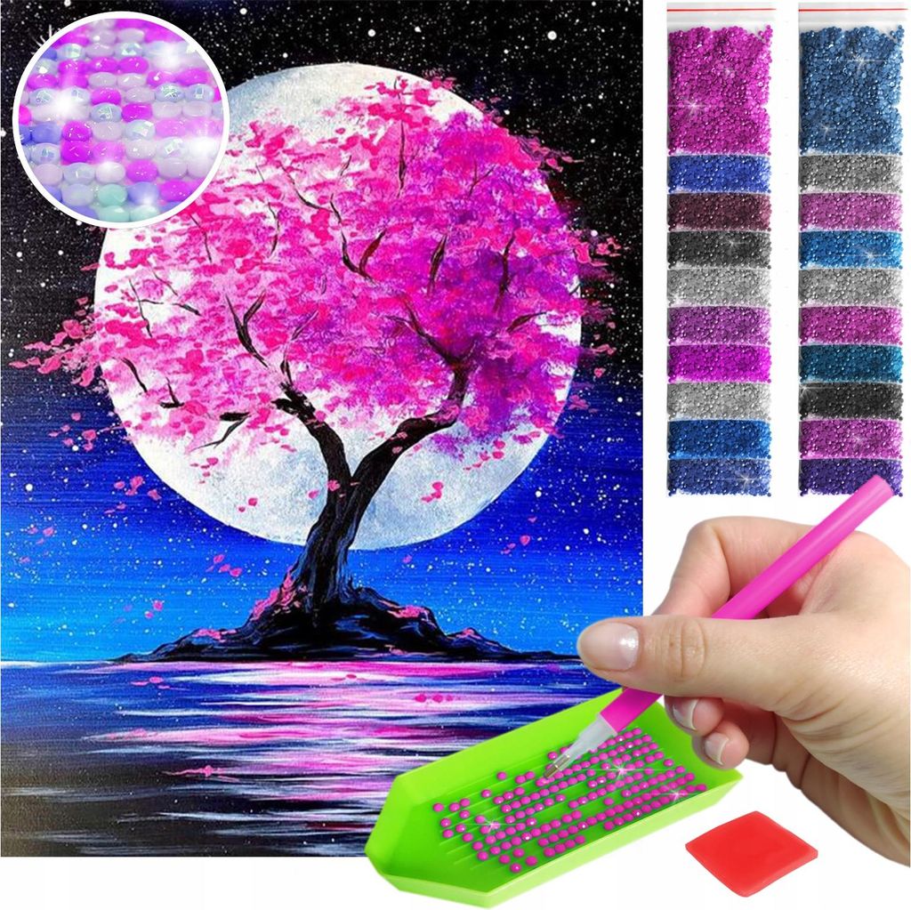 ARTULIO - Diamond Painting Set - Rosa Blütenbaum vor Vollmond - 40 x 30 cm - AB Steine, AB Diamant - Crystal Art, Home Wand Deko