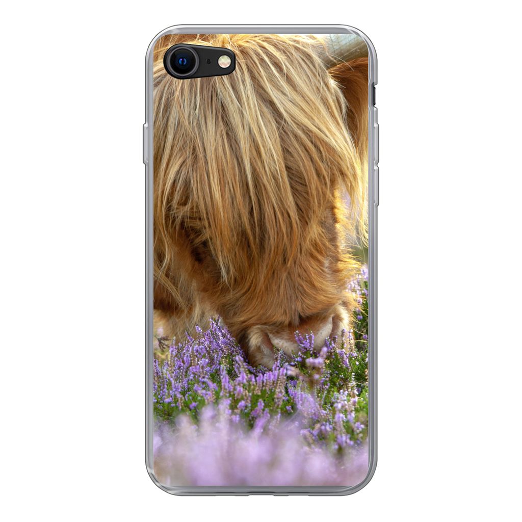 MuchoWow Handyhülle Schutzhülle Hülle für iPhone 7 Schottische Highlander - Gras - Heidekraut - Tiere Silikon Softcase Handy Hülle - Kartenh...
