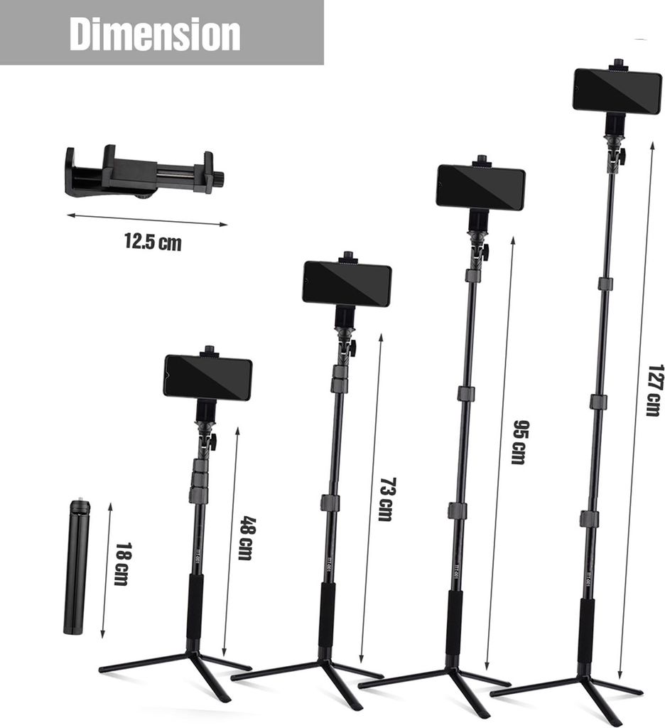 Ausziehbares 54-Zoll-Selfie-Stick-Stativ aus Aluminiumlegierung mit abnehmbarem Desktop-Telefonhalter, Sportkamera-Montageadapter, Fernauslöser, k...