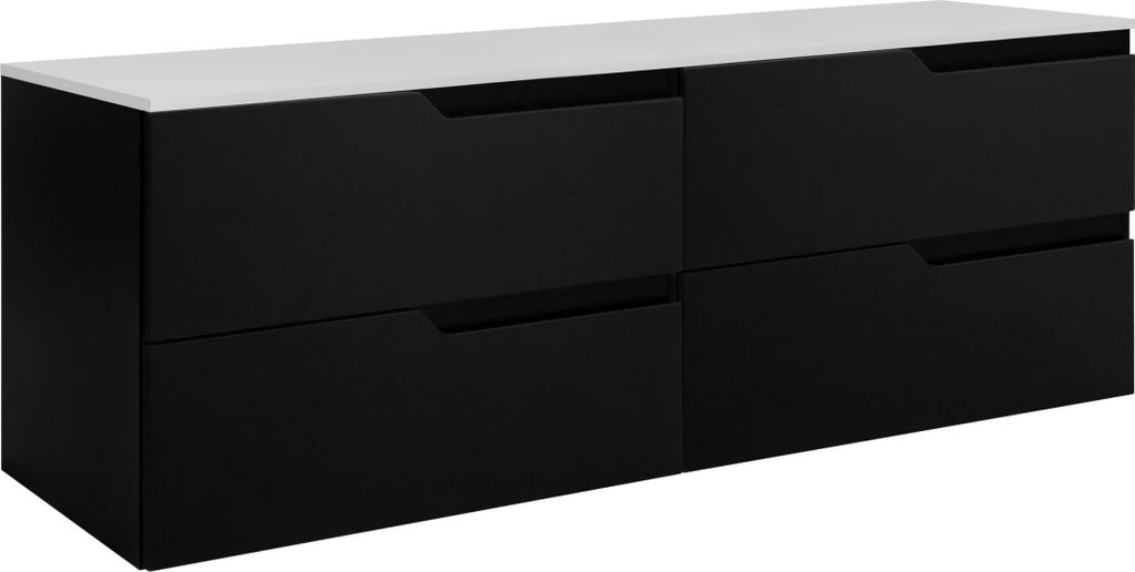 A black and white vanity unit with four drawers and a white countertop.