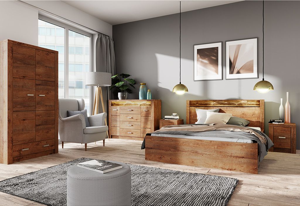 Schlafzimmer Komplettset 5-teilig mit Bett 160x200 cm modern in Esche hell inkl. LED Beleuchtung INGENIO-161