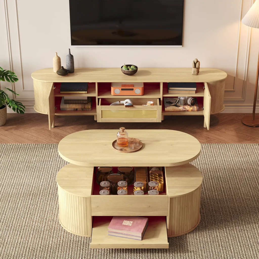 Ensemble salon meuble TV table basse bois anti-choc et réglable