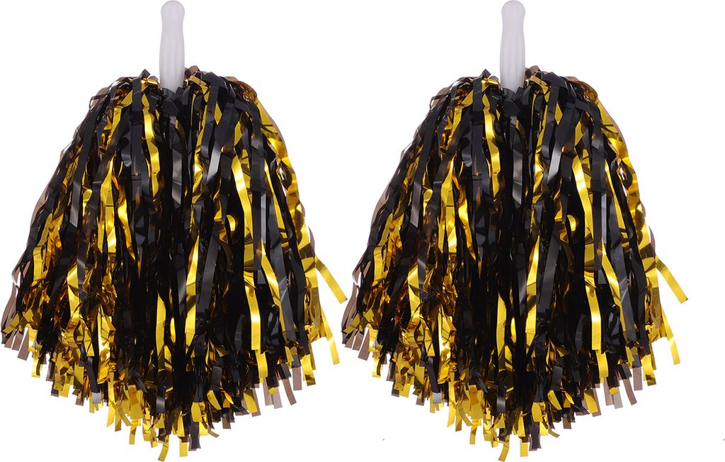 2 Stück Cheerleader-Pom-Poms aus Metallicfolie, Cheerleader-Pom-Poms, Handblumen mit Griff für Sportwettbewerbe und Feiern, Schwarz und Gold