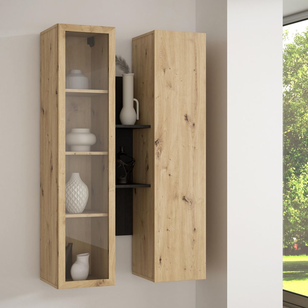 Forte BREATHTAKER Hängevitrine 80 90, moderner Skandi-Stil, 2-türig, beleuchtet, offene Ablage, Wandmontage, Artisan/Cabezone Eiche Holzdekor, 84...