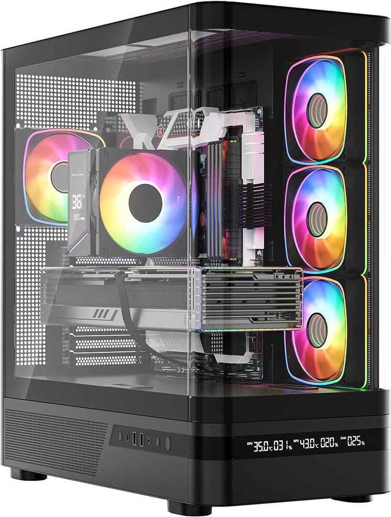 MODECOM Volcano AQ200 Midi PC Gehäuse, Schwarz, 3x 120 mm ARGB Lüfter, Panorama Glasfenster, passend für ATX und Micro-ATX Mainboards