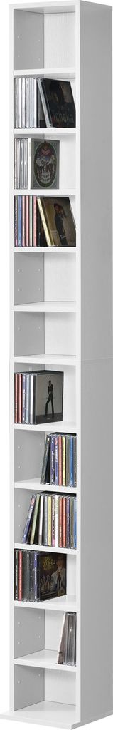 A tall, narrow white CD shelf unit filled with CDs.