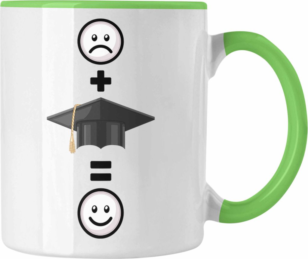 Trendation - Abschluss Tasse Geschenk für Bestandene Prüfung Abitur Bacherlor Master Lustige Geschenkidee :( + Abschluss = :) Geburtstag (Grün)