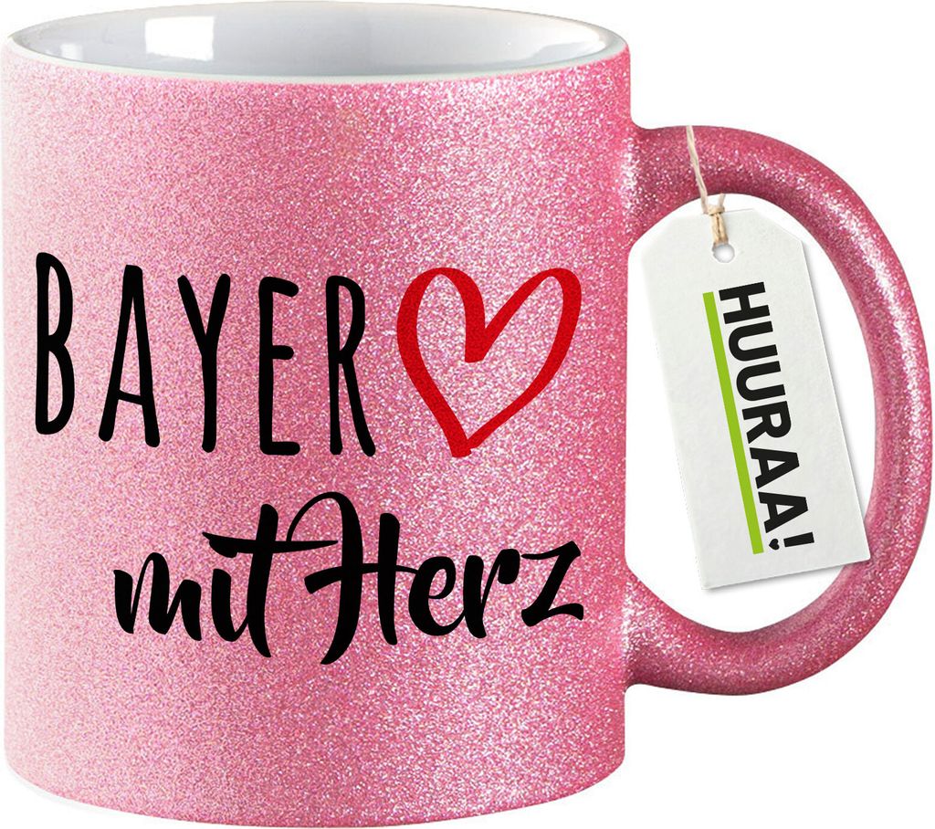 Huuraa Glitzertasse Bayer mit Herz 330ml Pink Keramik Kaffeebecher Geschenkidee