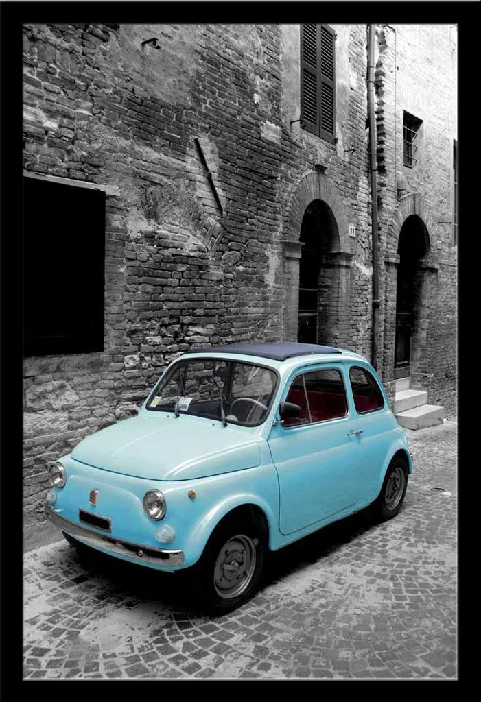 Décoration Murale Fiat 500 Vintage Grand Format Cadre Noir et Vitre