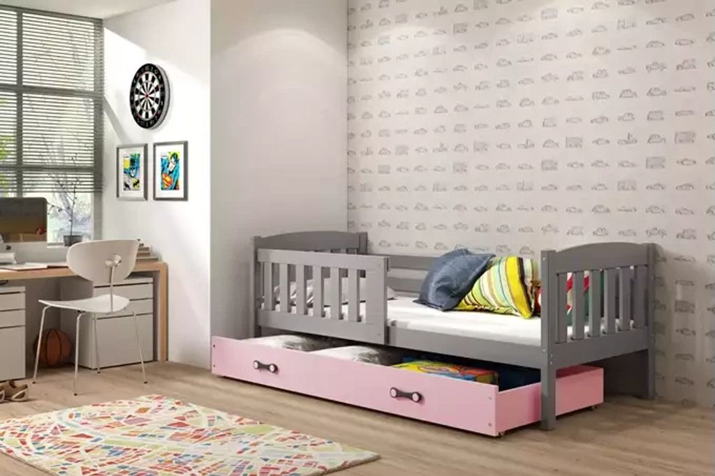 Kinderbett mit Stauraum mit Matratze 80x190 BRIGID – Graphit / Rosa